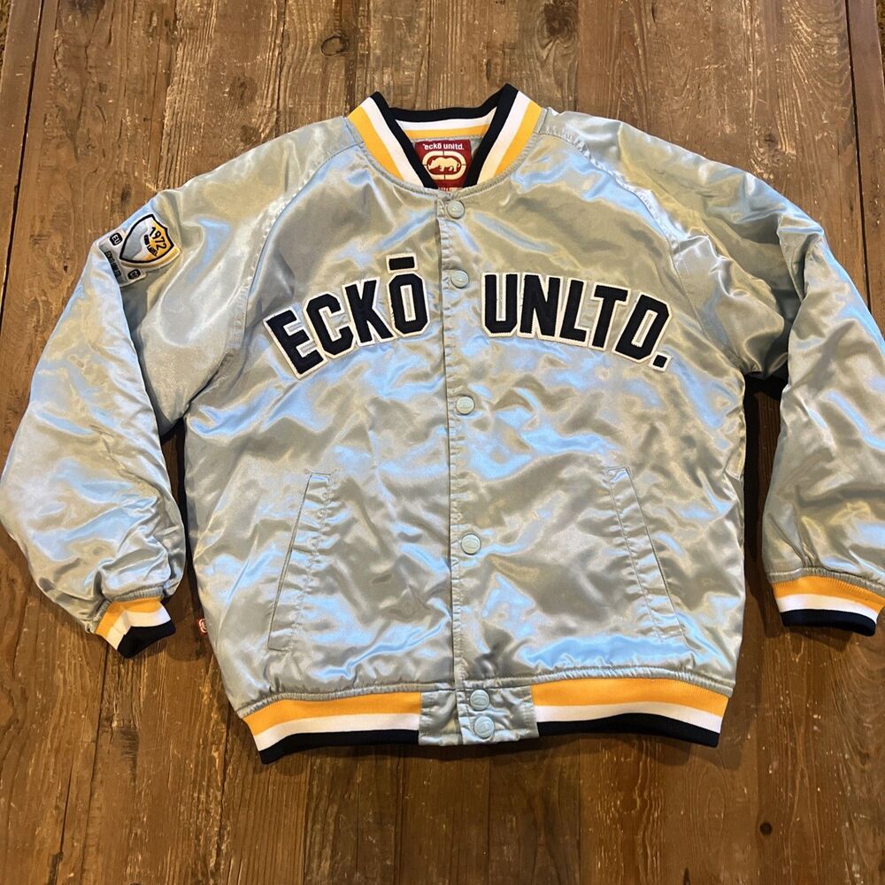 Vintage Y2K Ecko Unltd Satin Bomber Snap Button Blue Jacket Youth Sz 7 Quilted